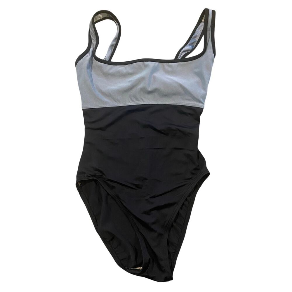 Vintage Anne Klein Swimsuit 1 Piece Gray Black Square Neck Underwire Bra Size 6